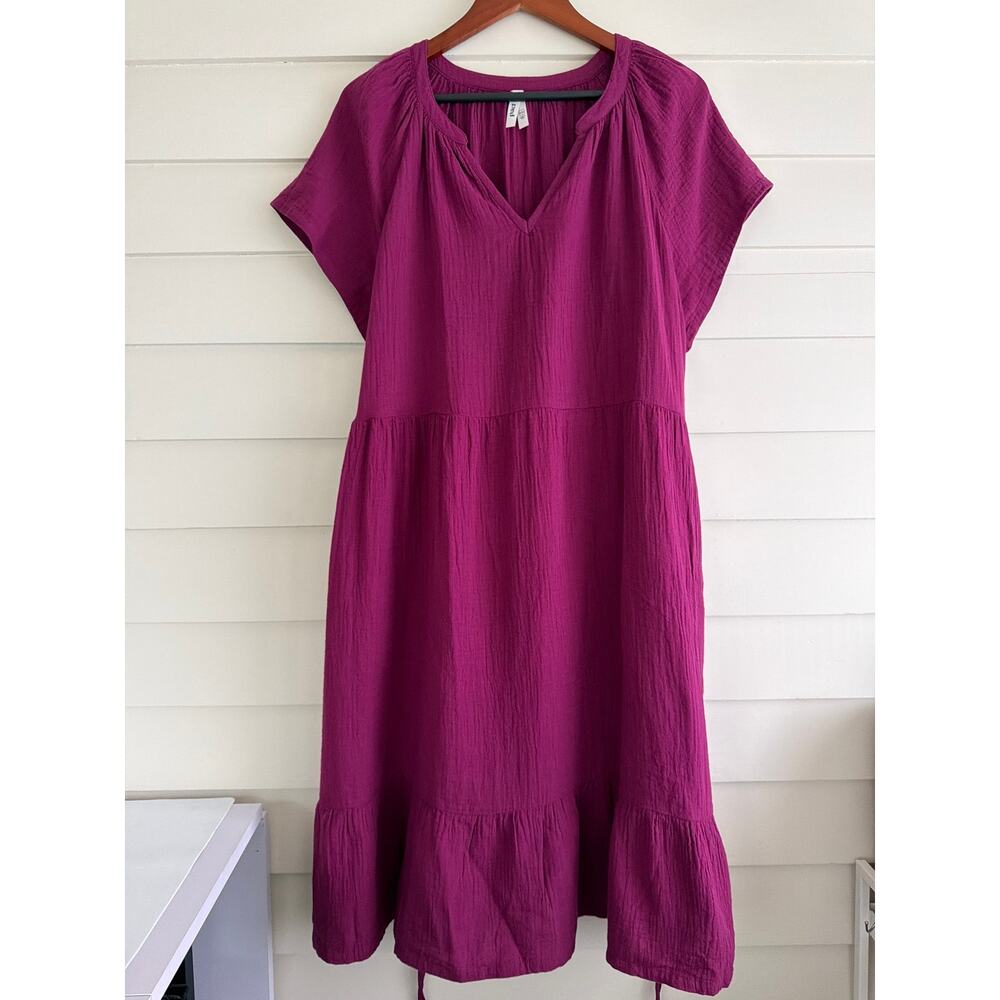 Pact Organic Cotton Gauze Dress XXL Berry Pink Tiered Flowy Summer Midi Pockets